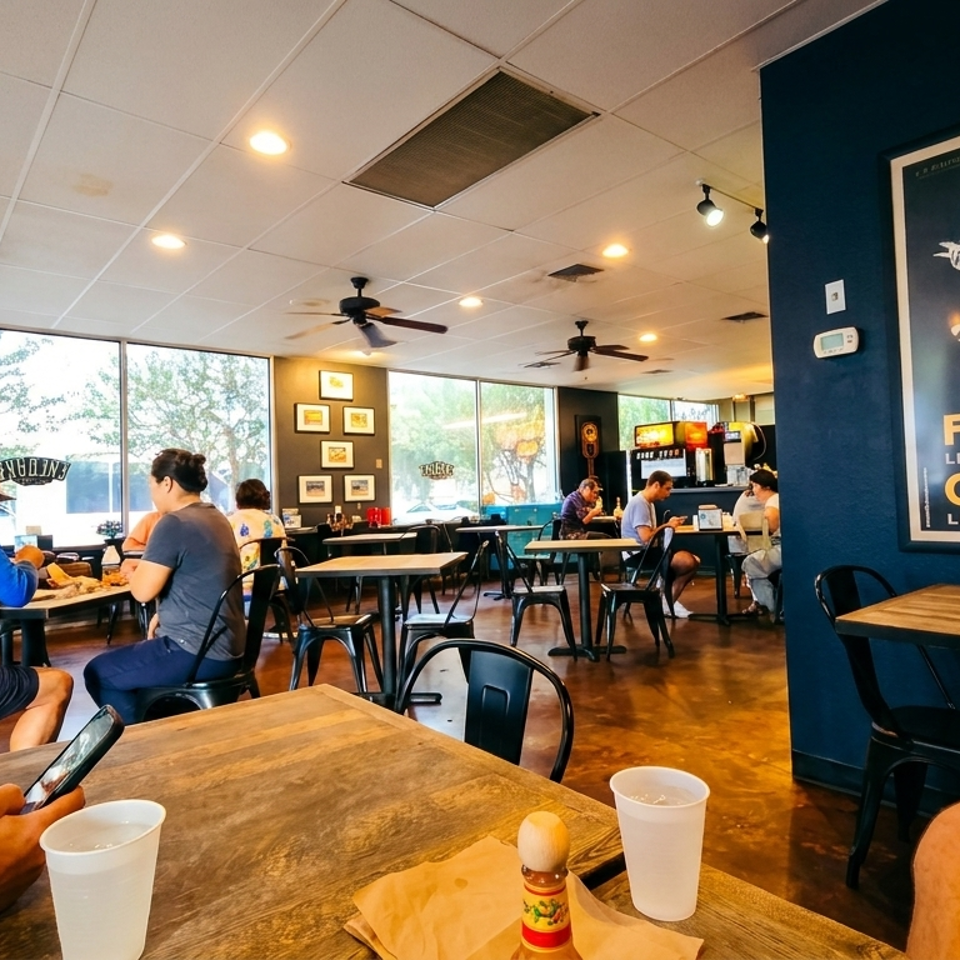 Diners enjoy meals at tables in a casual restaurant with large windows and a vintage poster.