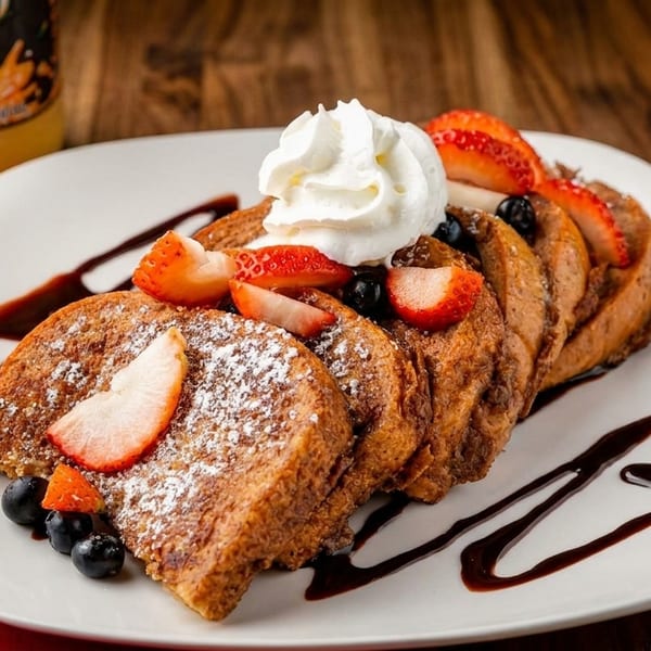 French toast slices topped with whipped cream, strawberries, blueberries, and chocolate drizzle.