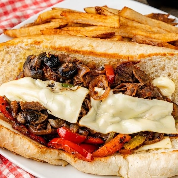 Cheesesteak sandwich with melted cheese, mushrooms, peppers, onions, and a side of fries.