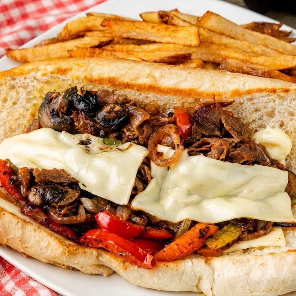 Cheesesteak sandwich with melted cheese, peppers, onions, mushrooms, and fries on a white plate.