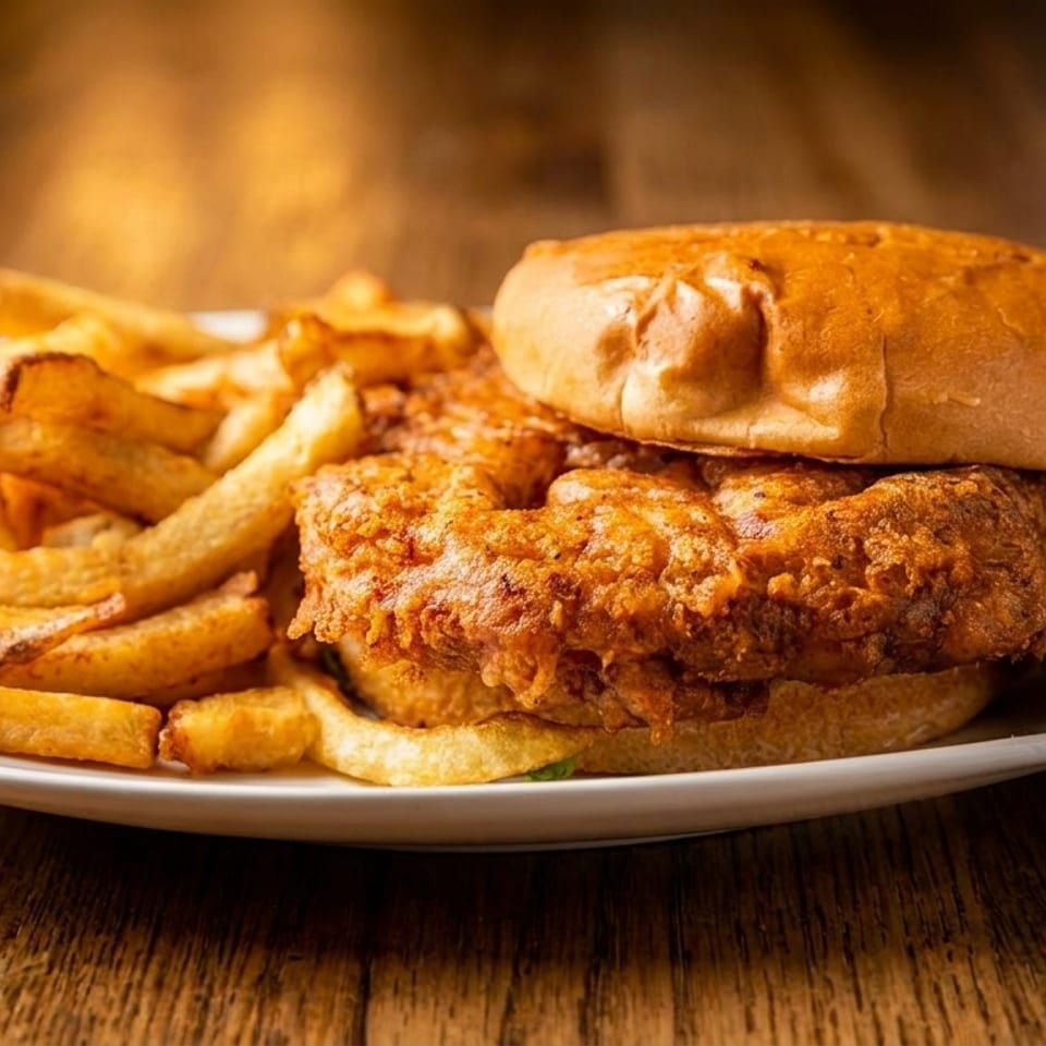 Crispy fried chicken sandwich on a bun with a side of golden french fries on a white plate.