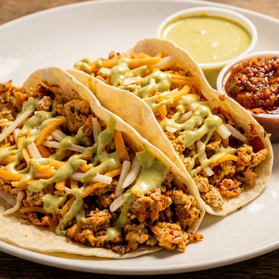 Two tacos filled with meat, shredded cheese, and green sauce, served with two dipping sauces.