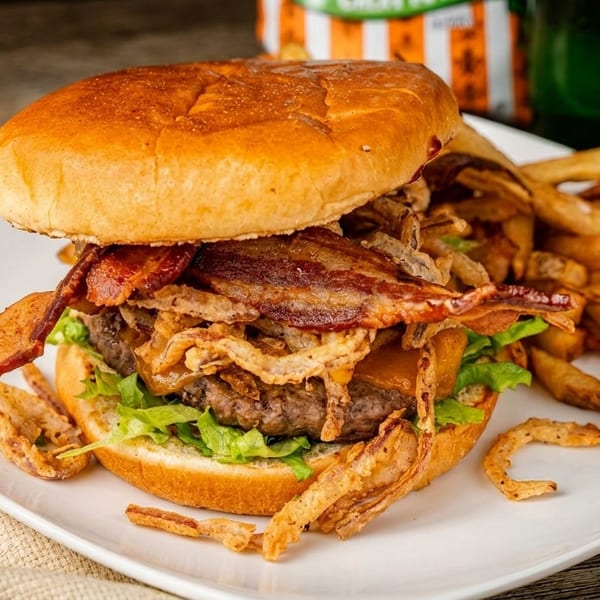 A bacon cheeseburger with crispy fried onions and lettuce, served with a side of french fries.