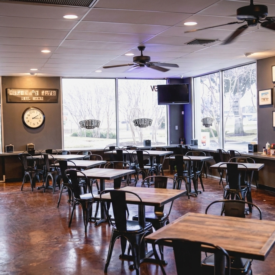 Empty dining room at Freddy's Cafe with dark tables and chairs, large windows, and ceiling fans.