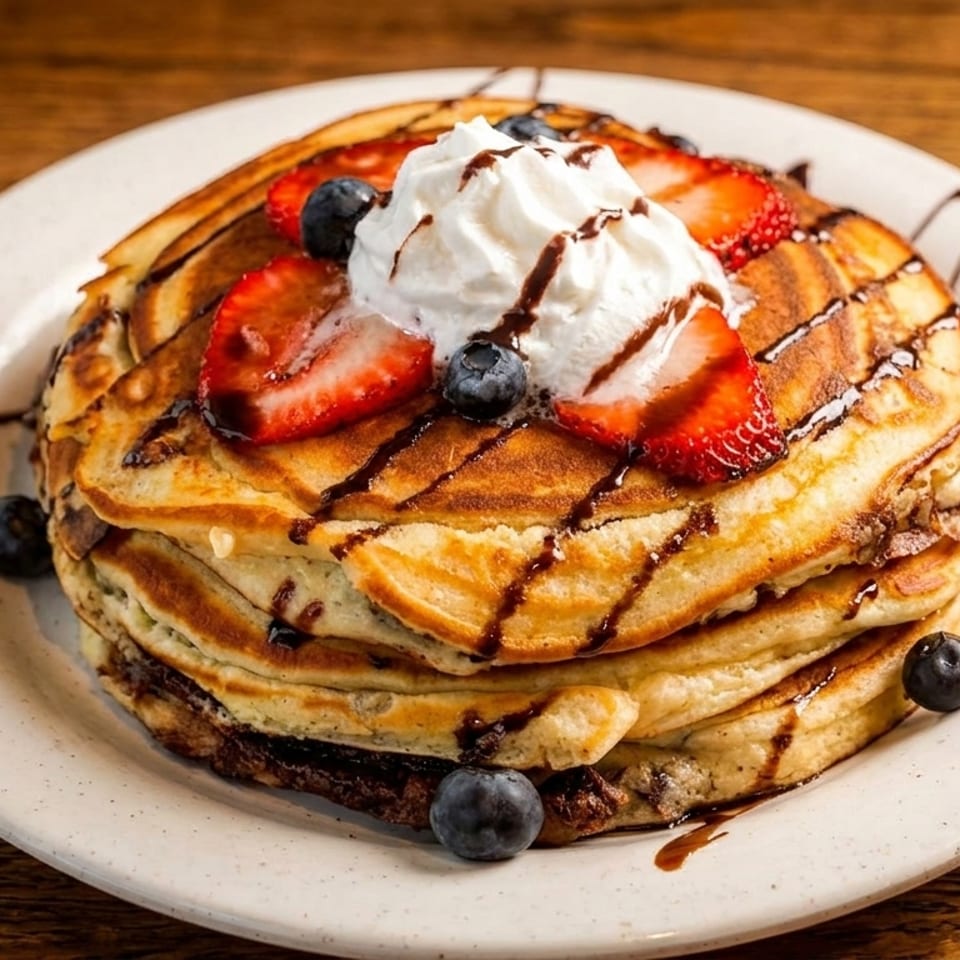 Stack of pancakes topped with whipped cream, strawberries, blueberries, and chocolate drizzle.