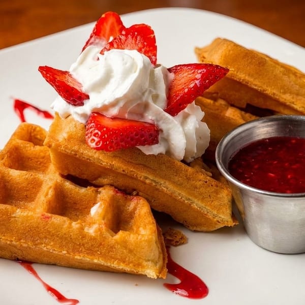 Golden waffles topped with whipped cream, fresh strawberries, and a side of raspberry sauce.